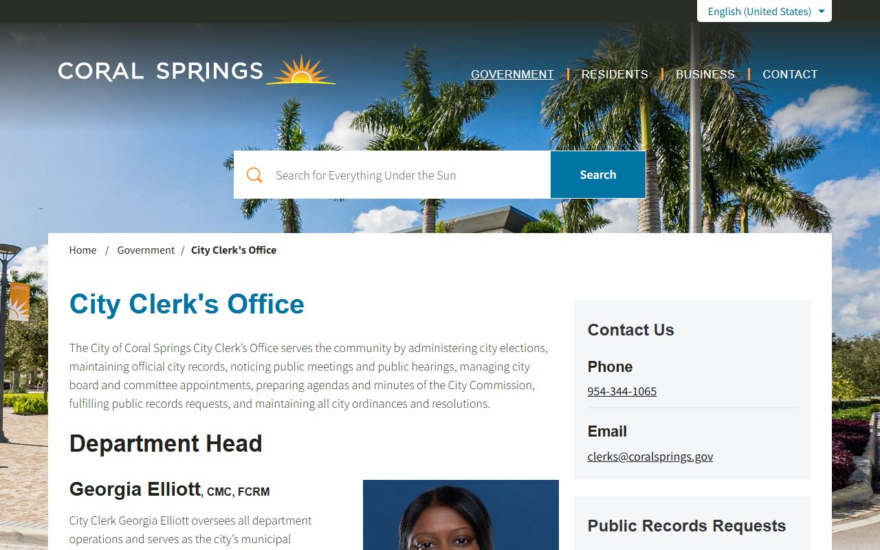 Coral Springs City Clerk page for public records and people search