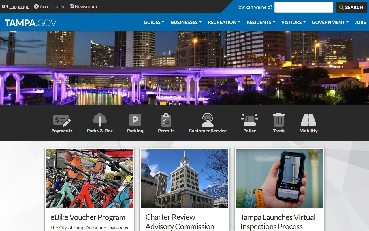 Tampa government website showing services and records access for people search