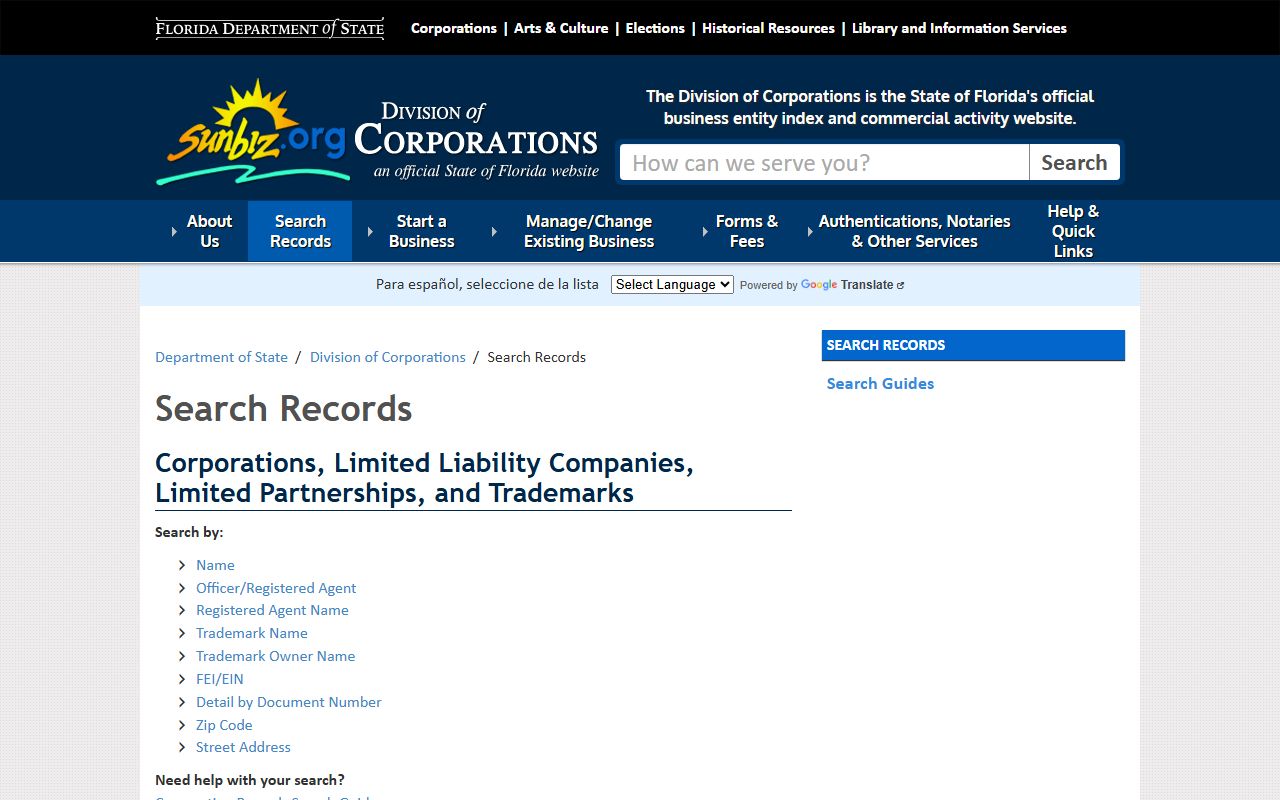 Florida people search business entity database on Sunbiz