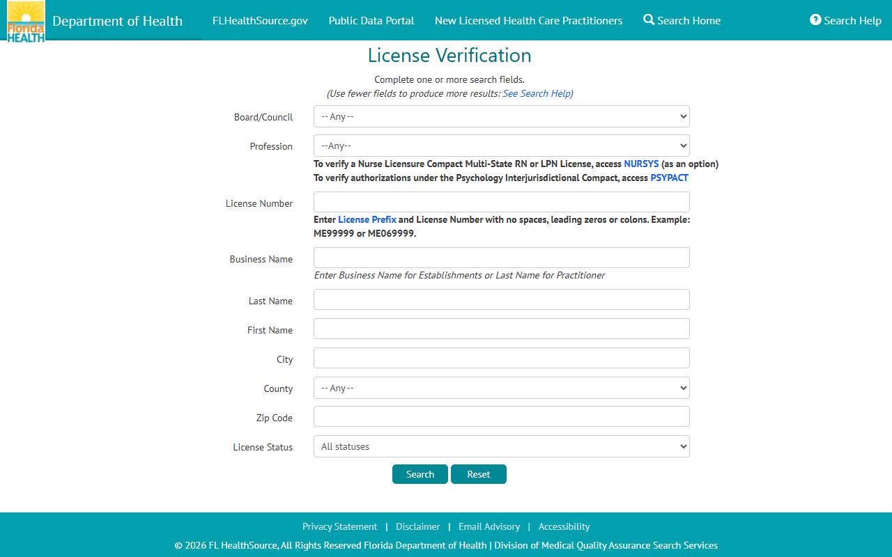 Florida people search health department license verification